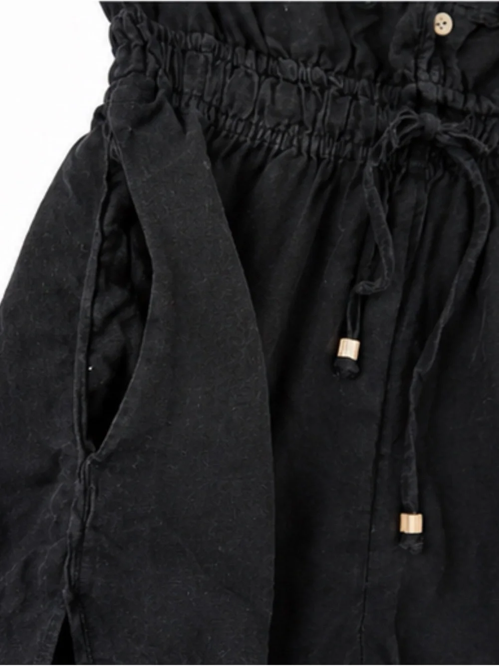 Zara Black Linen Blend Short Sleeve Button Front Drawstring Romper Medium